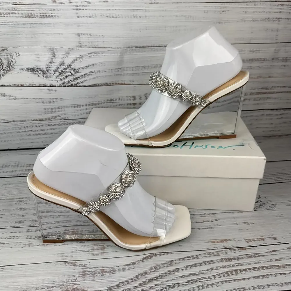 Betsey Johnson Troy Womens 8.5 Wedge Sandals Ivory Clear Rhinestone